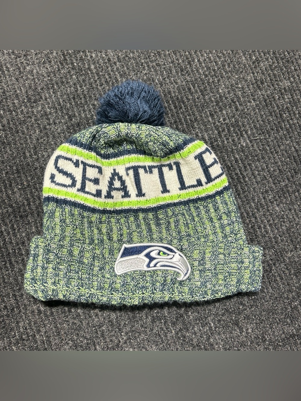 NFL Seattle OS Pom Beanie - Navy and Neon Green